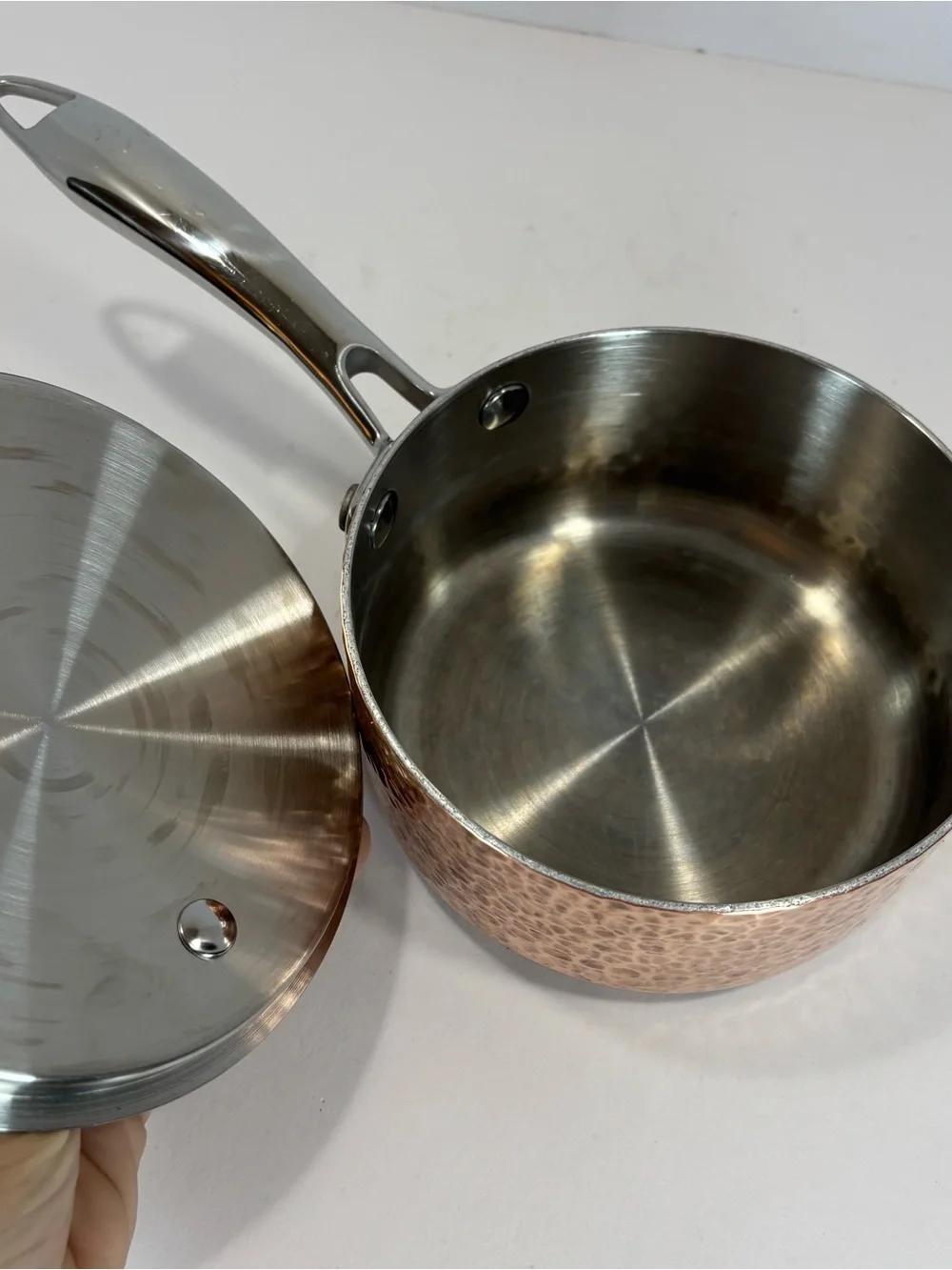 Lot Of 2 VTG French Style Hand Hammered Copper Saucepans Tin Lined 8”/5” W/Lids